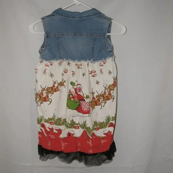 Girls Sz 6 / 6X Christmas Holiday Santa Claus Print Dress MY VINTAGE BABY - Picture 3 of 4